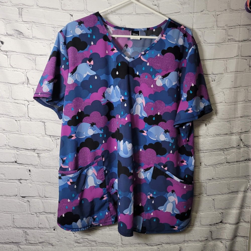 Disney Eeyore Scrub Top Womens 2XL Purple Blue Rain Clouds Medical Uniform